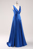 Load image into Gallery viewer, Ink Blue V-Neck Satin Bridesmaid Dress with Slit