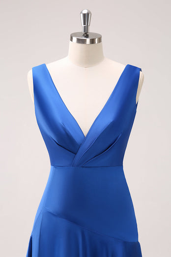 Ink Blue V-Neck Satin Bridesmaid Dress with Slit