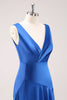 Load image into Gallery viewer, Ink Blue V-Neck Satin Bridesmaid Dress with Slit