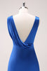 Load image into Gallery viewer, Ink Blue V-Neck Satin Bridesmaid Dress with Slit