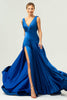 Load image into Gallery viewer, Ink Blue A Line V-Neck Satin Long Bridesmaid Dress with Slit