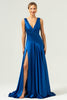 Load image into Gallery viewer, Ink Blue A Line V-Neck Satin Long Bridesmaid Dress with Slit