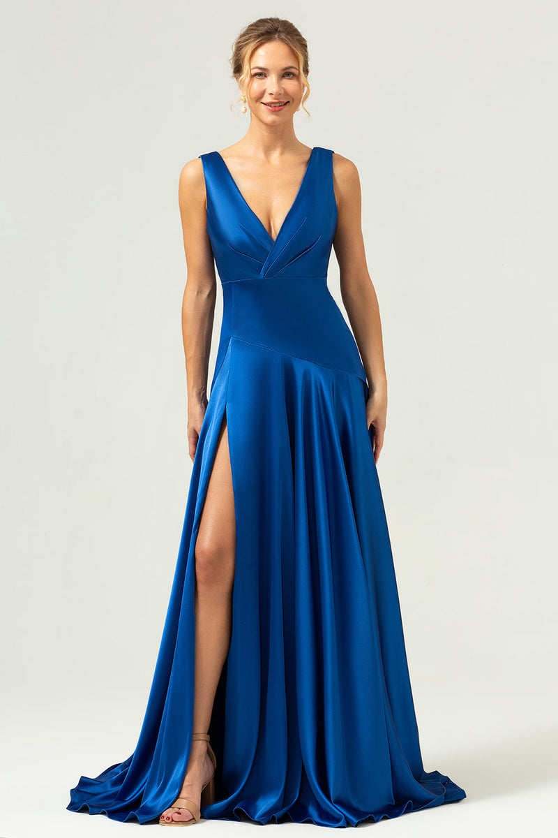 Load image into Gallery viewer, Ink Blue A Line V-Neck Satin Long Bridesmaid Dress with Slit