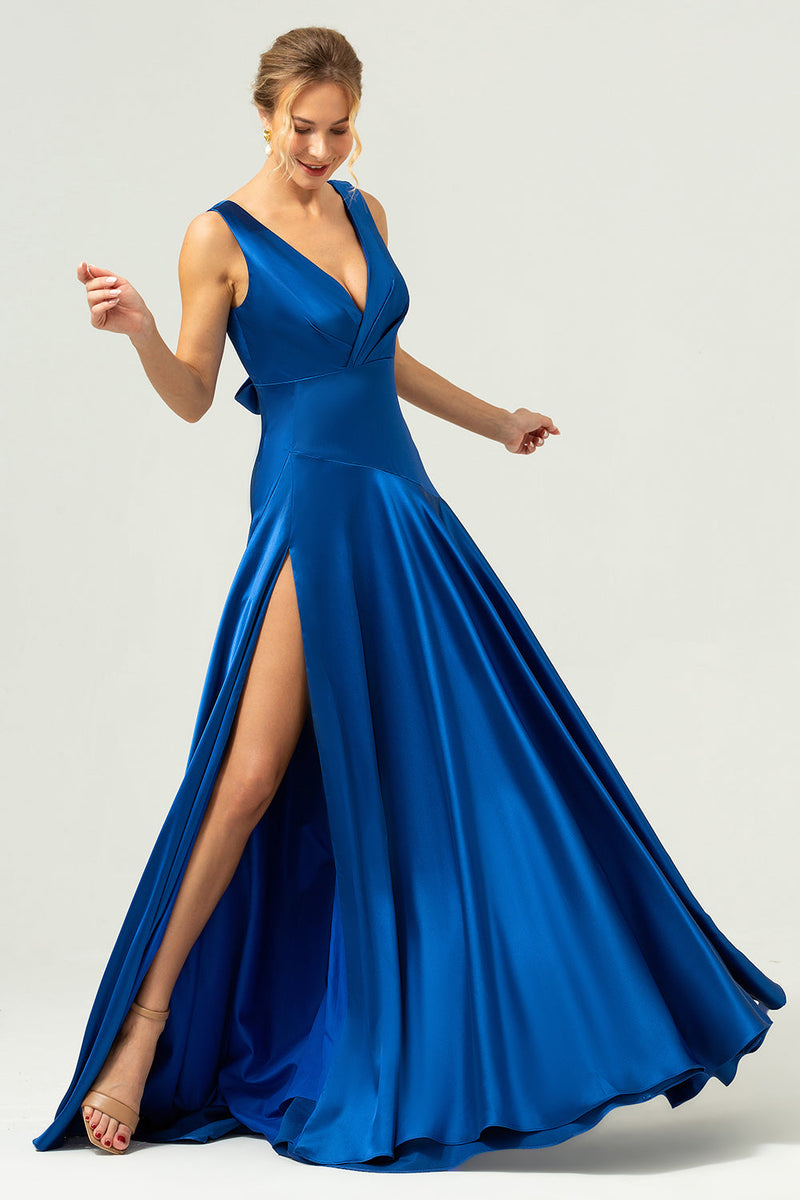 Load image into Gallery viewer, Ink Blue A Line V-Neck Satin Long Bridesmaid Dress with Slit