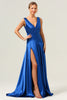 Load image into Gallery viewer, Ink Blue A Line V-Neck Satin Long Bridesmaid Dress with Slit