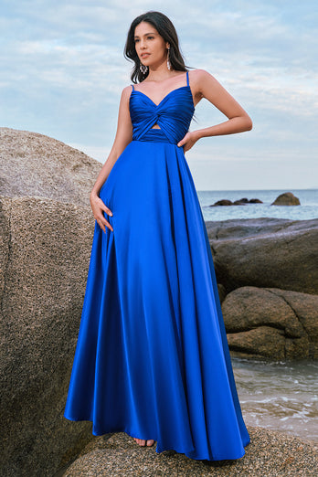 Spaghetti Straps Satin Keyhole Ink Blue Bridesmaid Dress