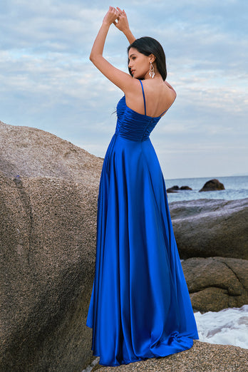 Spaghetti Straps Satin Keyhole Ink Blue Bridesmaid Dress