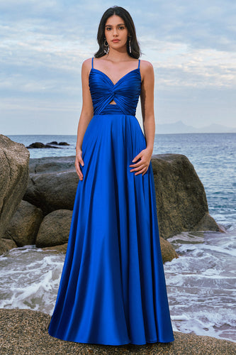 Spaghetti Straps Satin Keyhole Ink Blue Bridesmaid Dress