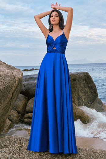 Spaghetti Straps Satin Keyhole Ink Blue Bridesmaid Dress