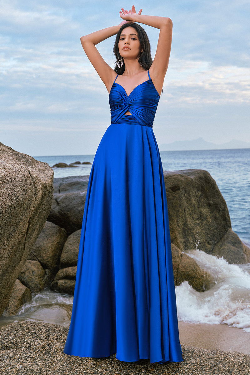 Load image into Gallery viewer, Spaghetti Straps Satin Keyhole Ink Blue Bridesmaid Dress