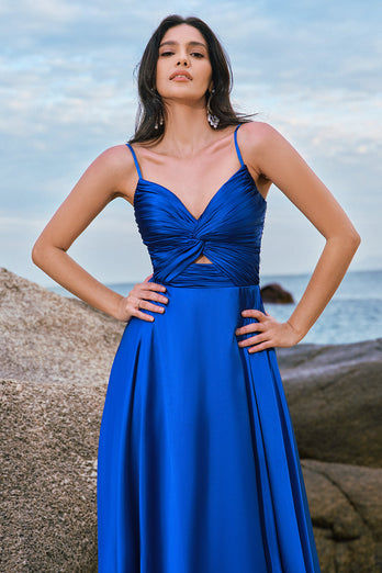 Spaghetti Straps Satin Keyhole Ink Blue Bridesmaid Dress