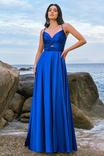 Spaghetti Straps Satin Keyhole Ink Blue Bridesmaid Dress