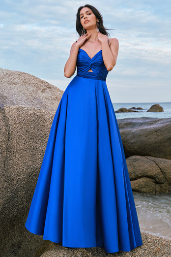 Spaghetti Straps Satin Keyhole Ink Blue Bridesmaid Dress