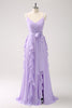 Load image into Gallery viewer, Lilac A-Line Chiffon Ruffled Bridesmaid Dress with Slit