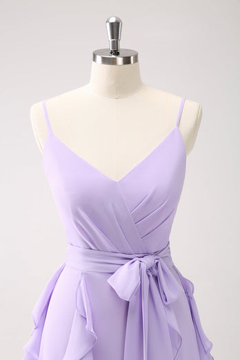 Lilac A-Line Chiffon Ruffled Bridesmaid Dress with Slit