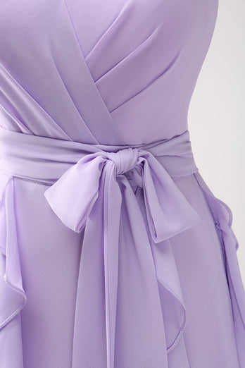 Lilac A-Line Chiffon Ruffled Bridesmaid Dress with Slit