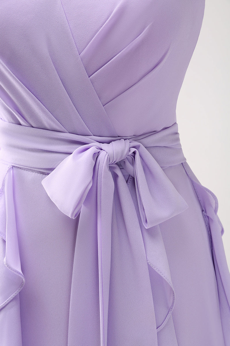 Load image into Gallery viewer, Lilac A-Line Chiffon Ruffled Bridesmaid Dress with Slit