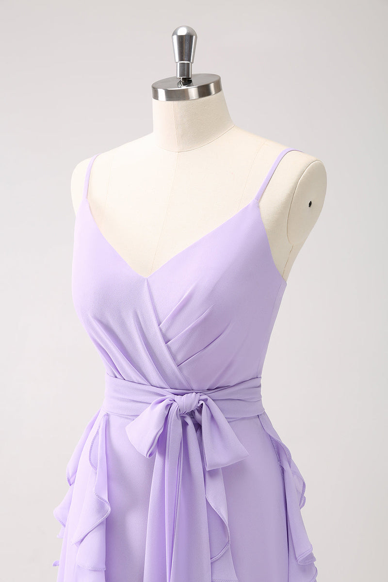 Load image into Gallery viewer, Lilac A-Line Chiffon Ruffled Bridesmaid Dress with Slit