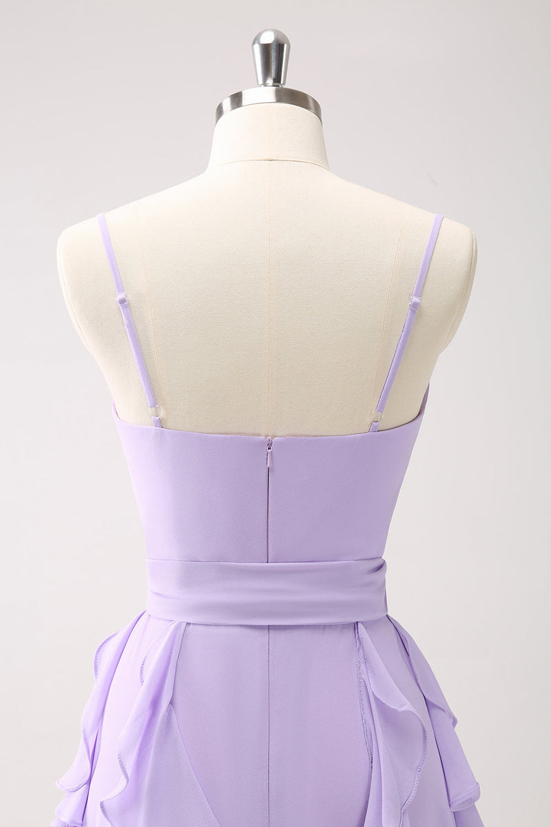 Load image into Gallery viewer, Lilac A-Line Chiffon Ruffled Bridesmaid Dress with Slit