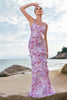 Load image into Gallery viewer, Grey Purple Floral Chiffon Long Bridesmaid Dress with Ruffles