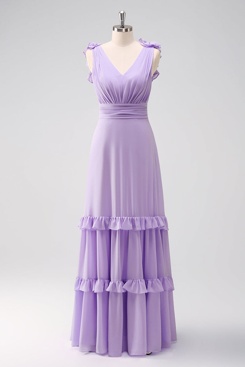 Load image into Gallery viewer, Lilac Chiffon A-Line Ruched Bridesmaid Dress with Ruffles