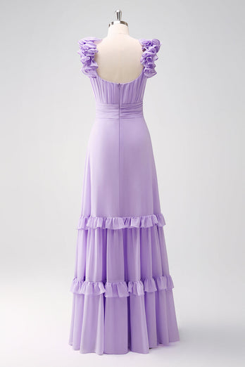 Lilac Chiffon A-Line Ruched Long Bridesmaid Dress with Ruffles