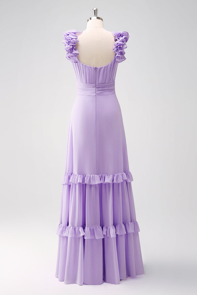 Load image into Gallery viewer, Lilac Chiffon A-Line Ruched Bridesmaid Dress with Ruffles