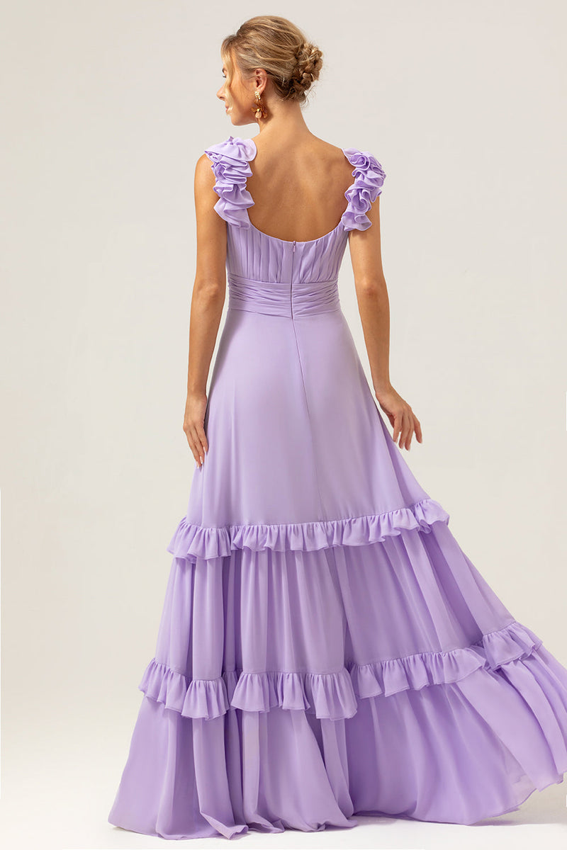 Load image into Gallery viewer, Lilac Chiffon A-Line Ruched Long Bridesmaid Dress with Ruffles