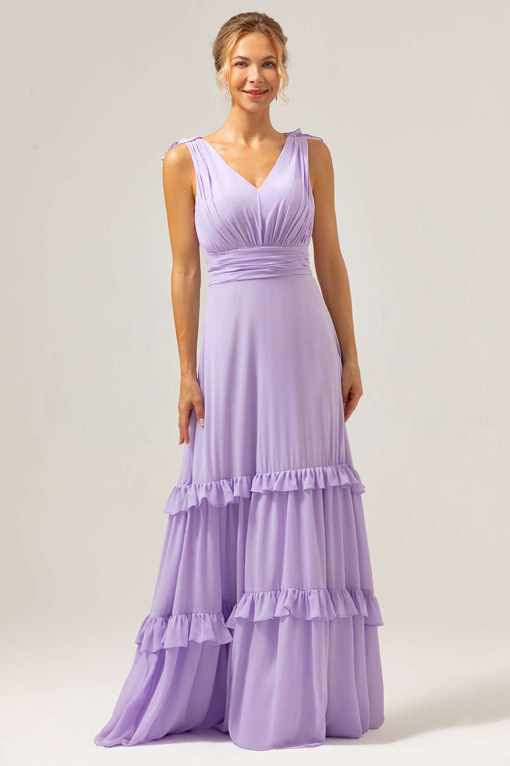 Lilac Chiffon A-Line Ruched Long Bridesmaid Dress with Ruffles