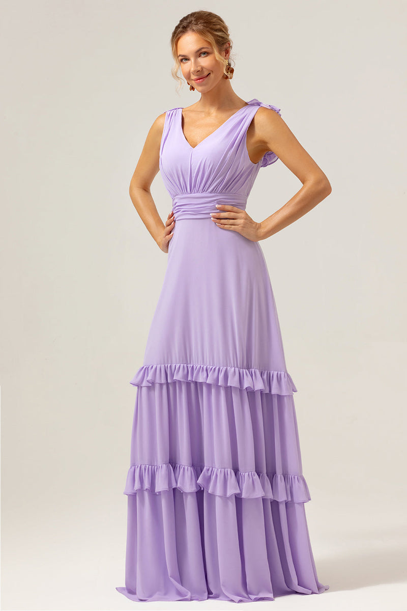 Load image into Gallery viewer, Lilac Chiffon A-Line Ruched Long Bridesmaid Dress with Ruffles