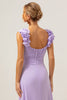 Load image into Gallery viewer, Lilac Chiffon A-Line Ruched Long Bridesmaid Dress with Ruffles