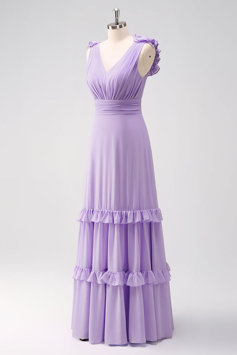 Load image into Gallery viewer, Lilac Chiffon A-Line Ruched Bridesmaid Dress with Ruffles