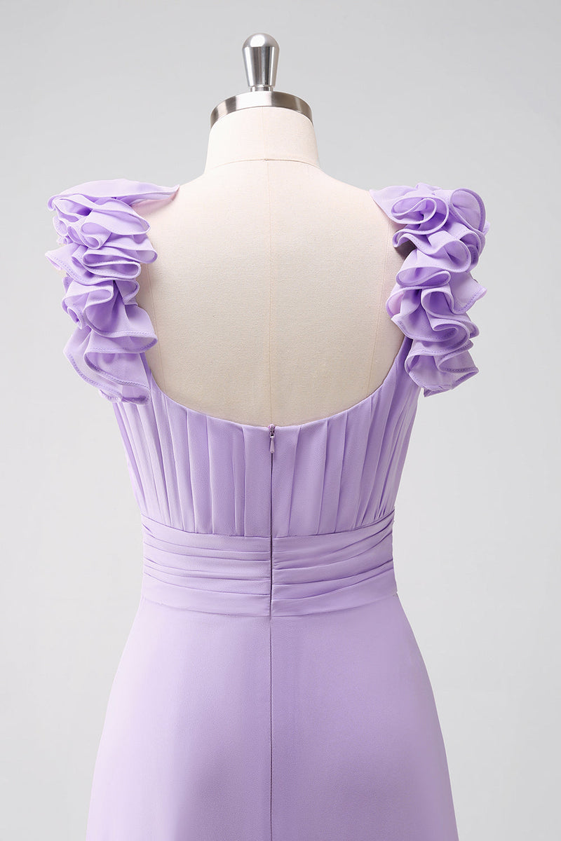 Load image into Gallery viewer, Lilac Chiffon A-Line Ruched Bridesmaid Dress with Ruffles