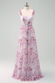 A Line Grey Purple Spaghetti Straps Floral Long Bridesmaid Dress