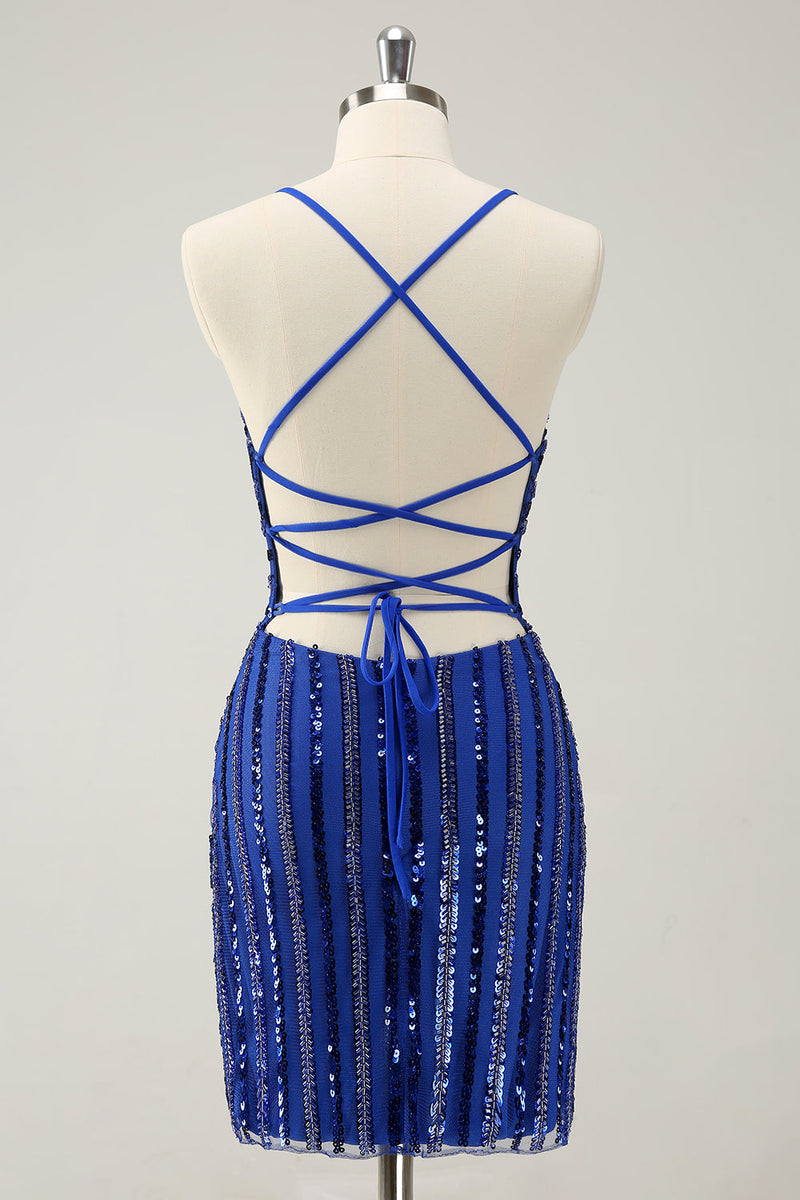 Load image into Gallery viewer, Sparkly Royal Blue Tight Sequined Spaghetti Straps Graduation Dress