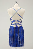 Sparkly Royal Blue Tight Sequined Spaghetti Straps Graduation Dress