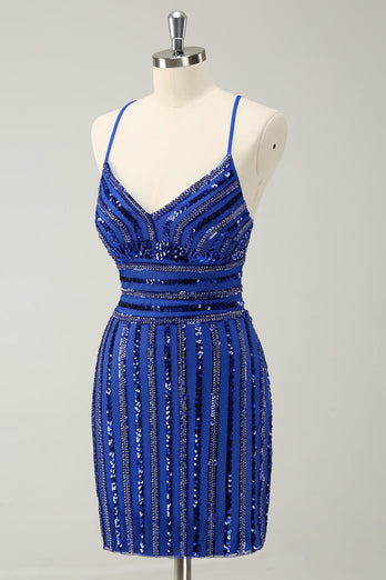 Sparkly Royal Blue Tight Sequined Spaghetti Straps Graduation Dress