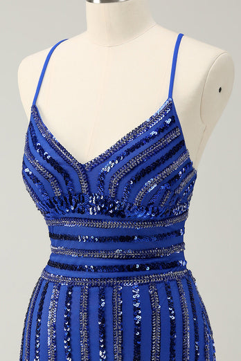 Sparkly Royal Blue Tight Sequined Spaghetti Straps Graduation Dress