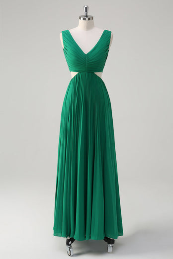 Green A-Line V Neck Pleated Chiffon Tea Length Bridesmaid Dress