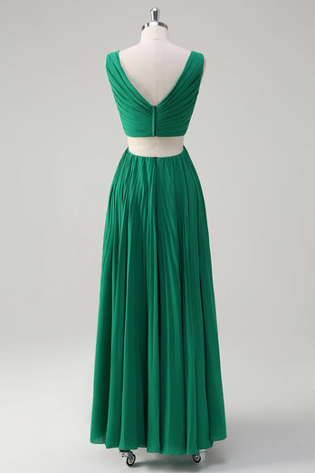 Green A-Line V Neck Pleated Chiffon Tea Length Bridesmaid Dress