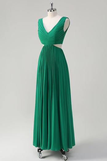 Green A-Line V Neck Pleated Chiffon Tea Length Bridesmaid Dress