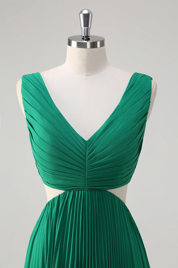 Green A-Line V Neck Pleated Chiffon Tea Length Bridesmaid Dress