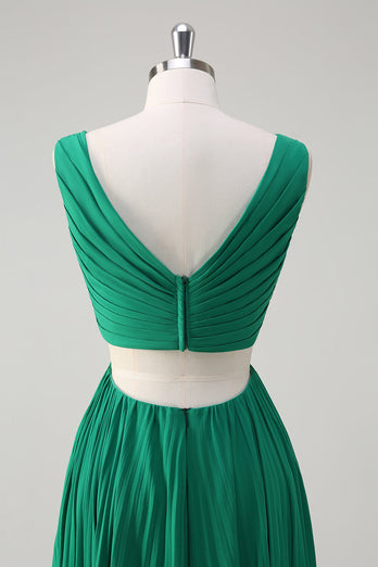 Green A-Line V Neck Pleated Chiffon Tea Length Bridesmaid Dress