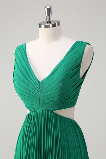 Green A-Line V Neck Pleated Chiffon Tea Length Bridesmaid Dress