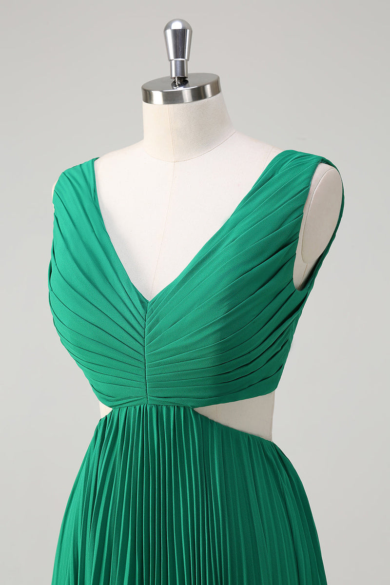 Load image into Gallery viewer, Green A-Line V Neck Pleated Chiffon Tea Length Bridesmaid Dress