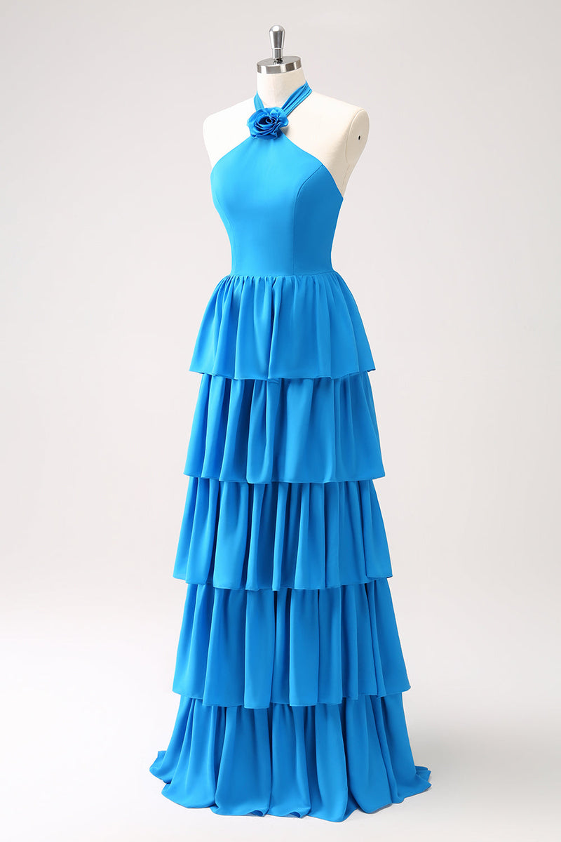 Load image into Gallery viewer, Blue Tiered Chiffon Halter Bridesmaid Dress with Flower