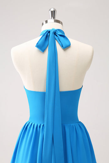 Blue Tiered Chiffon Halter Bridesmaid Dress with Flower