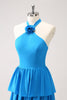 Load image into Gallery viewer, Blue Tiered Chiffon Halter Bridesmaid Dress with Flower