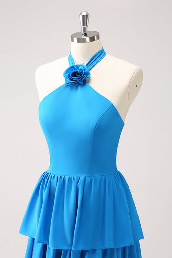 Blue Tiered Chiffon Halter Bridesmaid Dress with Flower