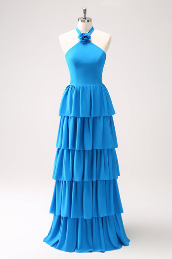 Blue Tiered Chiffon Halter Bridesmaid Dress with Flower